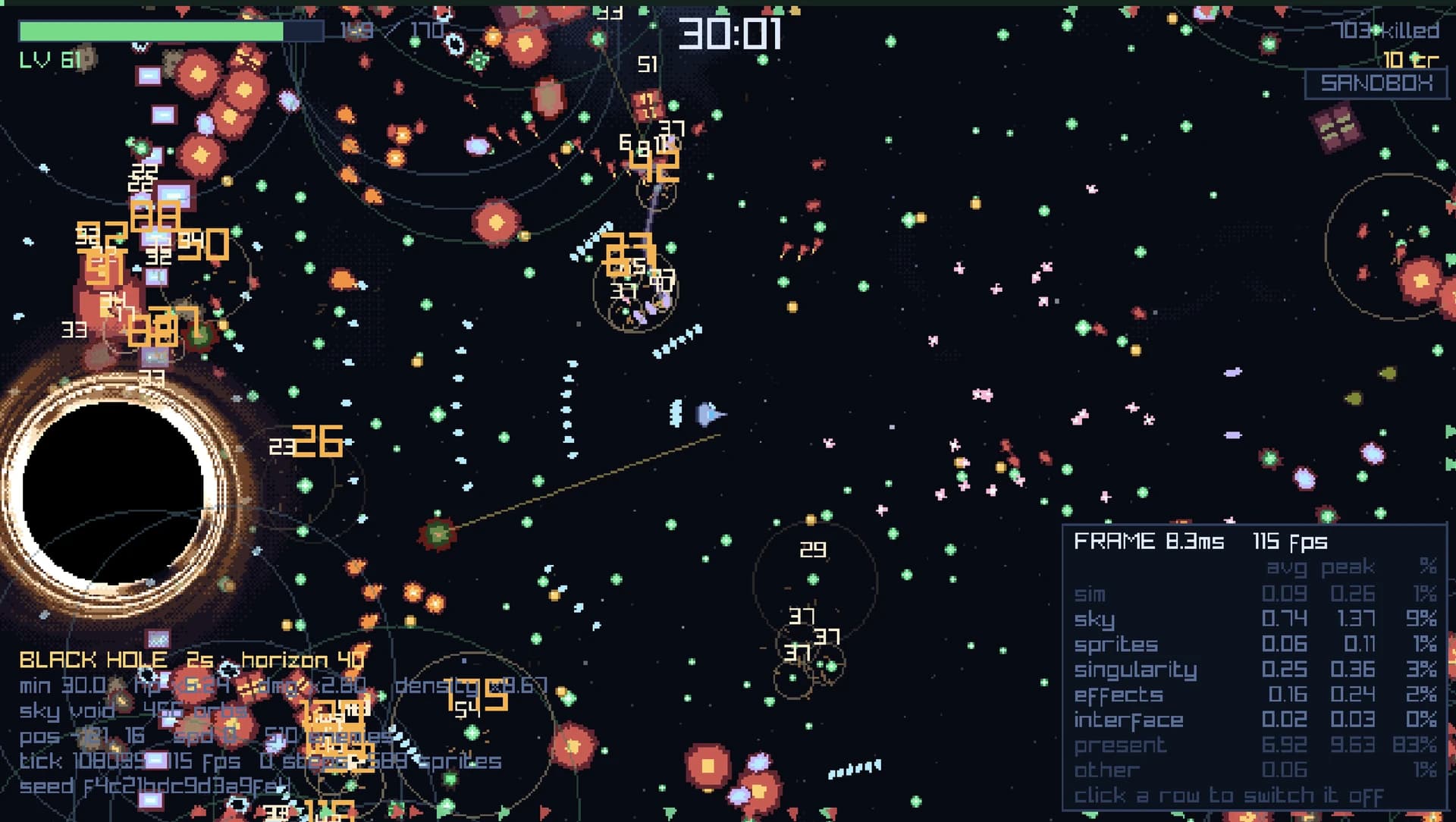 Rogue: Intergalactic gameplay — one small ship surrounded by hundreds of enemies, XP orbs and damage numbers, with a black hole collapsing at the left of the screen