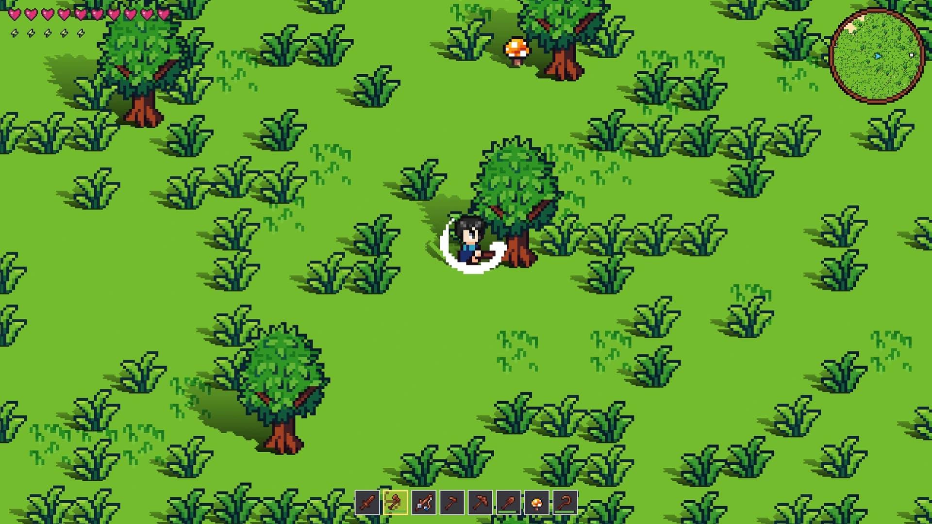 A player exploring a lush green forest clearing in Vestalborne, scattered with trees, shrubs and wildflowers